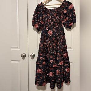 NWOT Marchesa Notte Black and Red Over the Shoulder Floral Dress